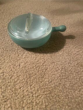 Glasbake mint green handled casserole with lid